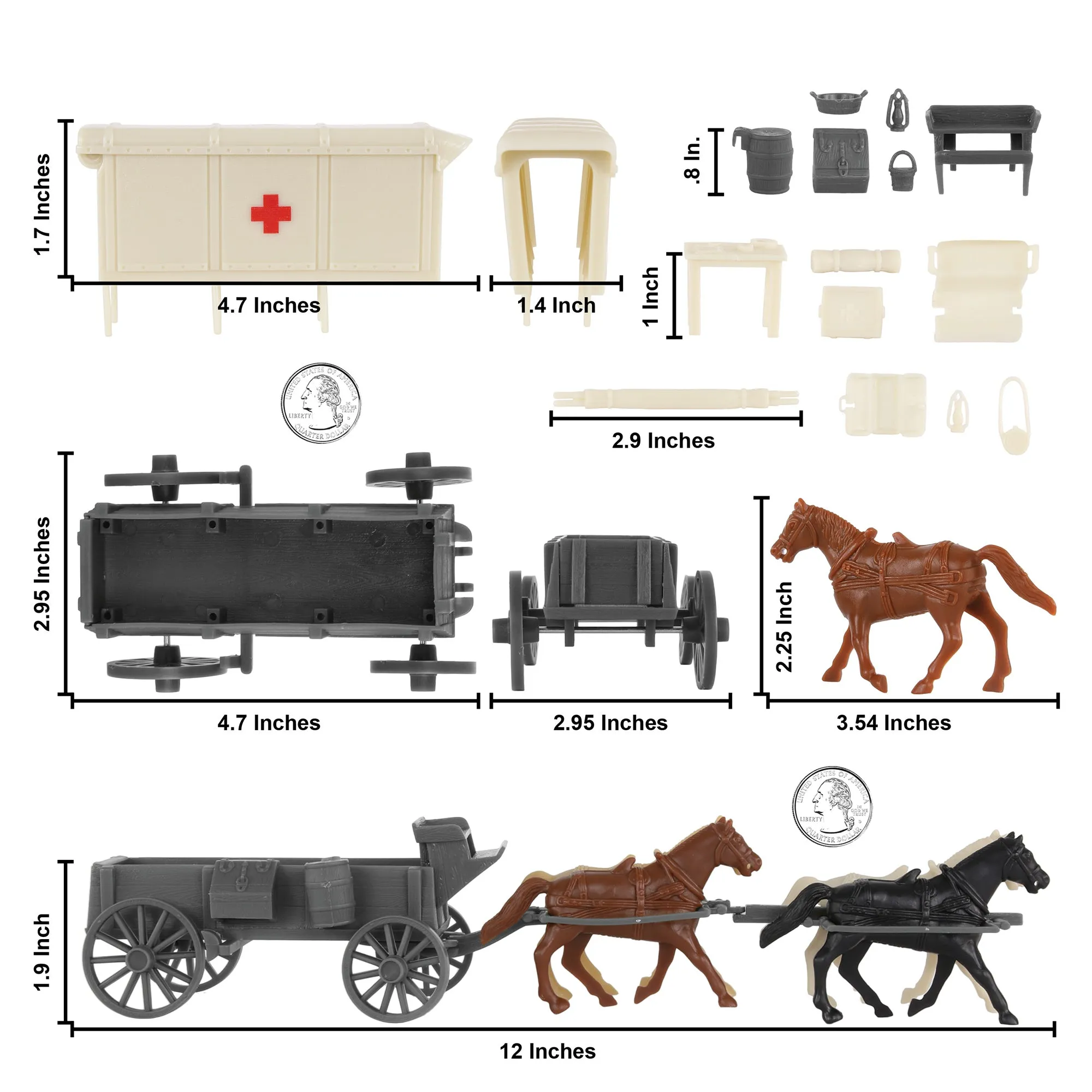 BMC CTS American Civil War Ambulance Wagons - Gray Square Top Horse Cart Playset