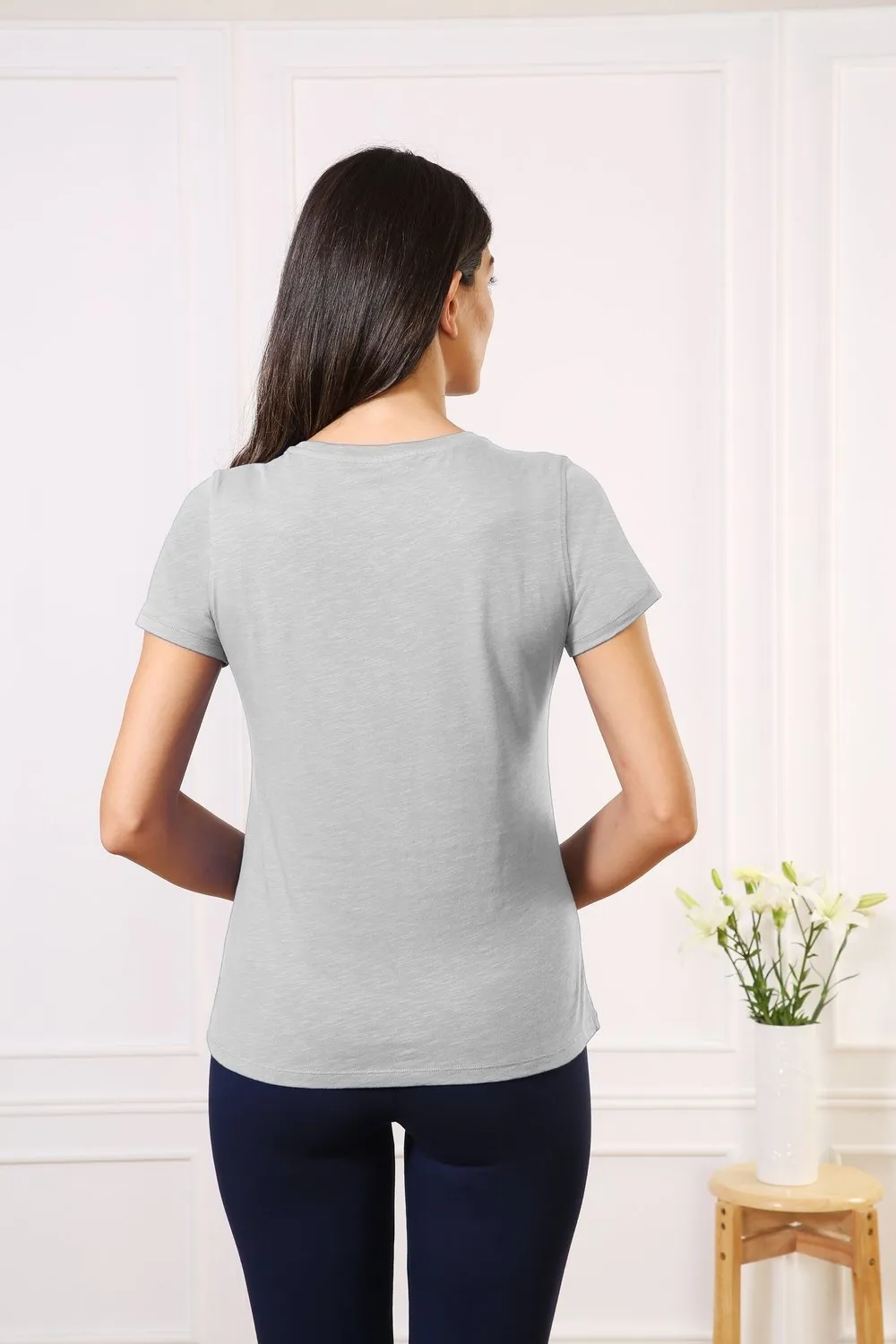 Cotton V-Neck Every day Wear Grey tee t-shirt tops for Girls