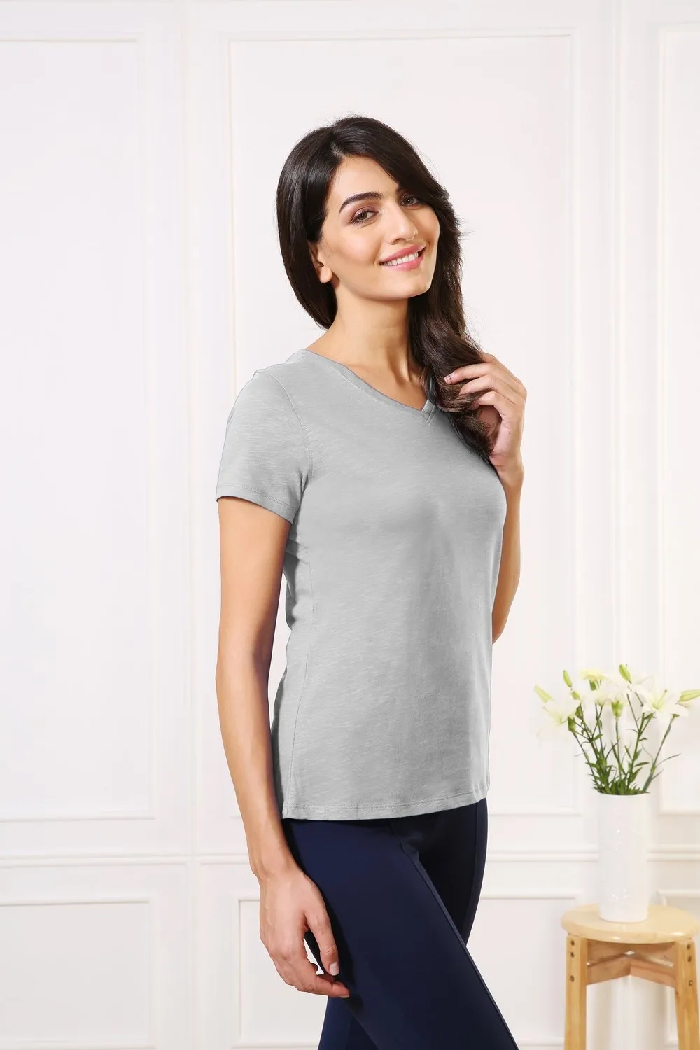 Cotton V-Neck Every day Wear Grey tee t-shirt tops for Girls