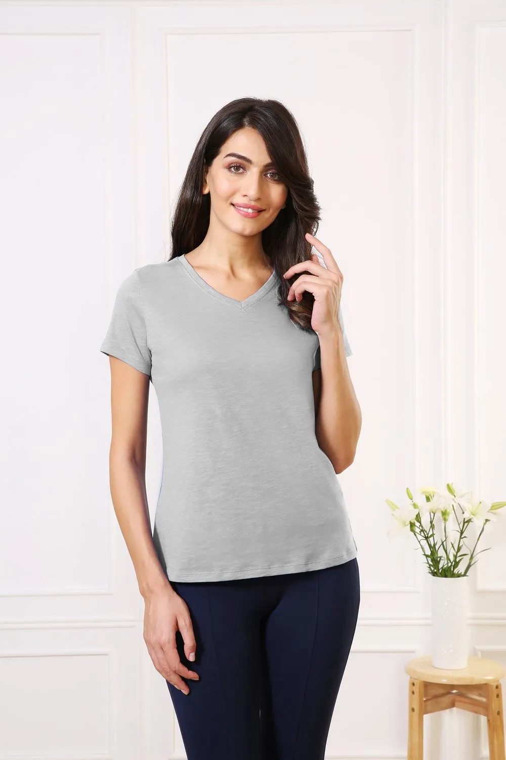 Cotton V-Neck Every day Wear Grey tee t-shirt tops for Girls