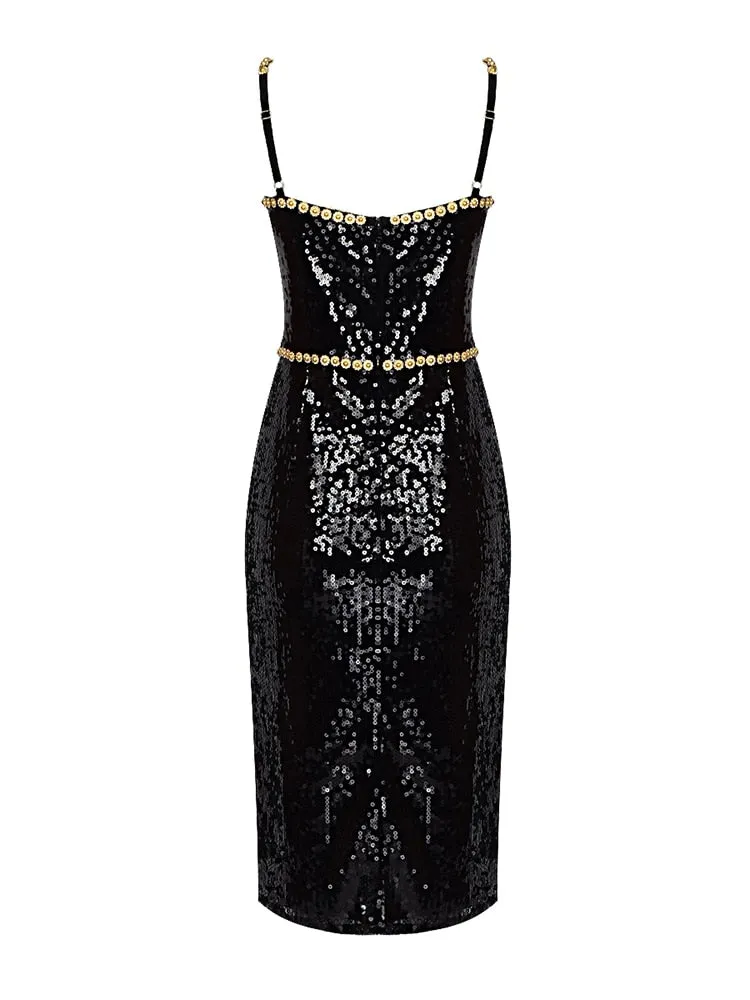 Crystal Sequined Square Collar Spaghetti Strap Dress