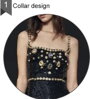 Crystal Sequined Square Collar Spaghetti Strap Dress