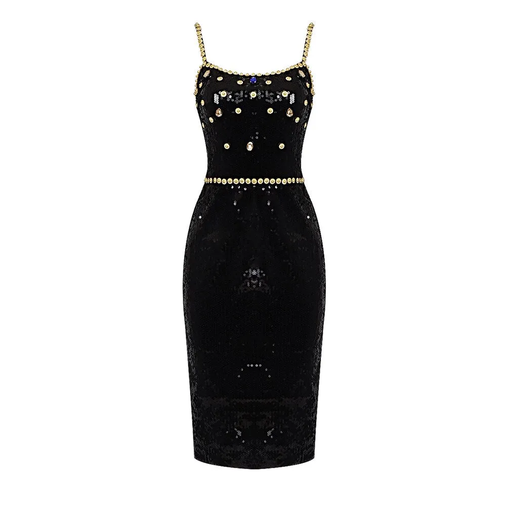 Crystal Sequined Square Collar Spaghetti Strap Dress