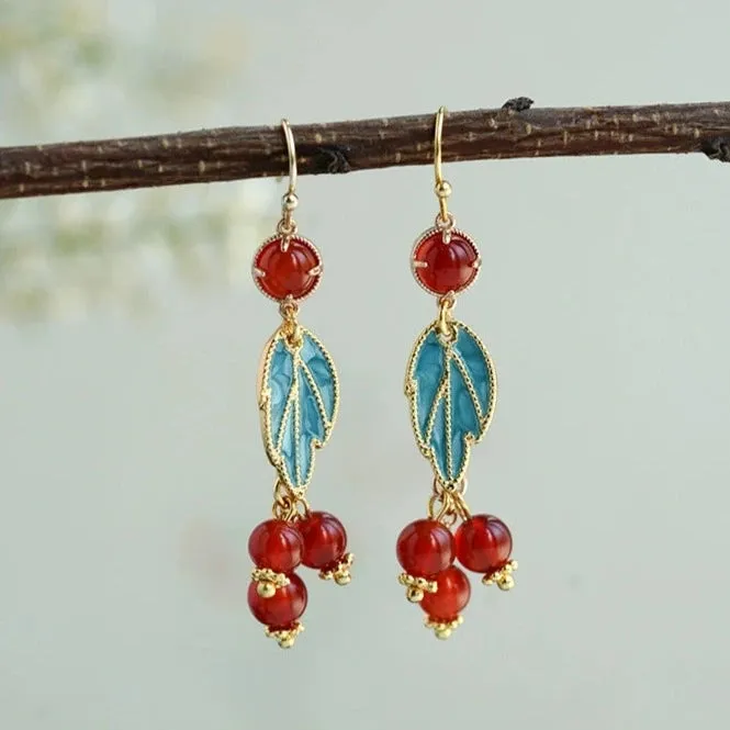 Dangle Earrings: Ruby Leaves