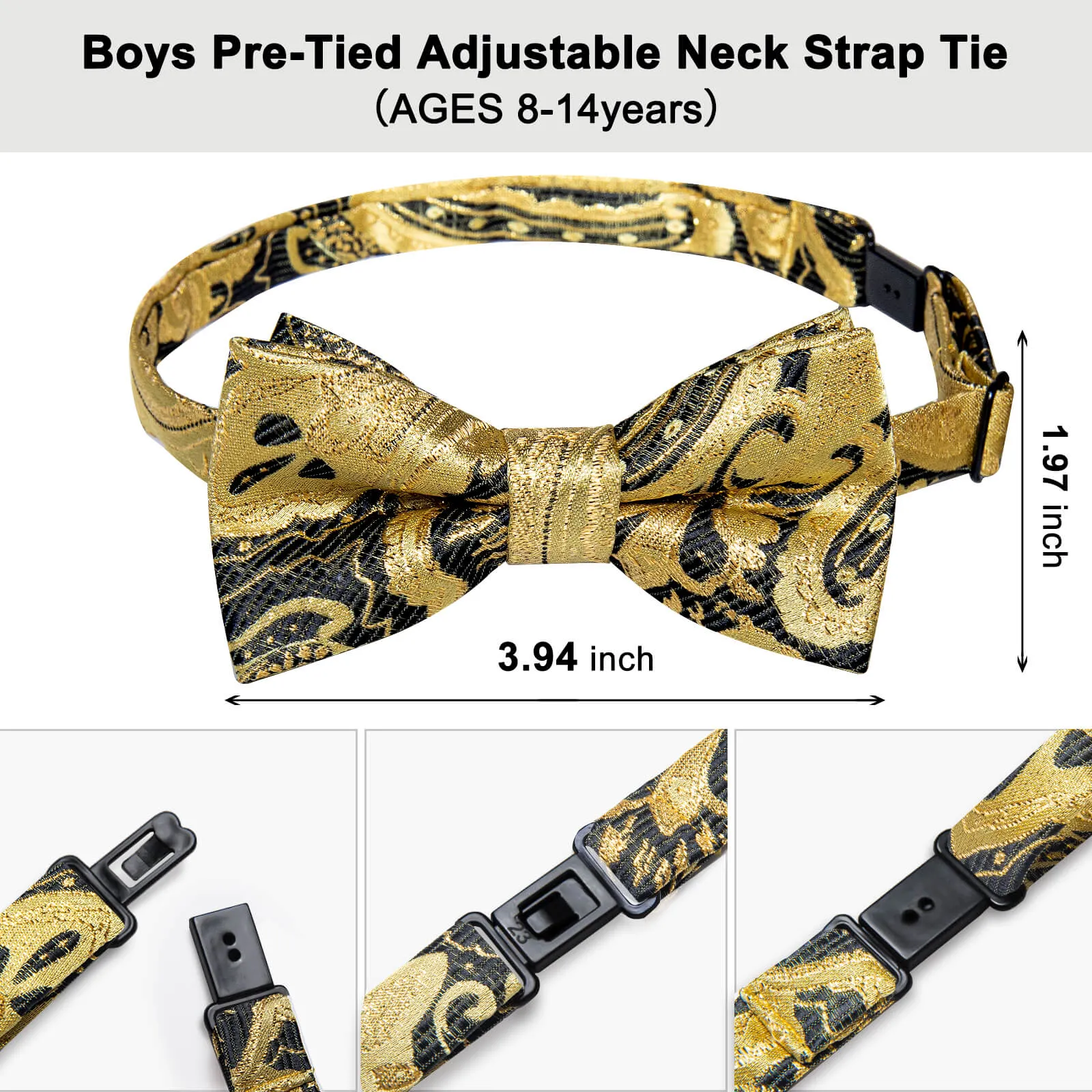 DiBanGu Kids Bow Tie Golden Black Floral Silk Pre-Bow Tie Hanky Set