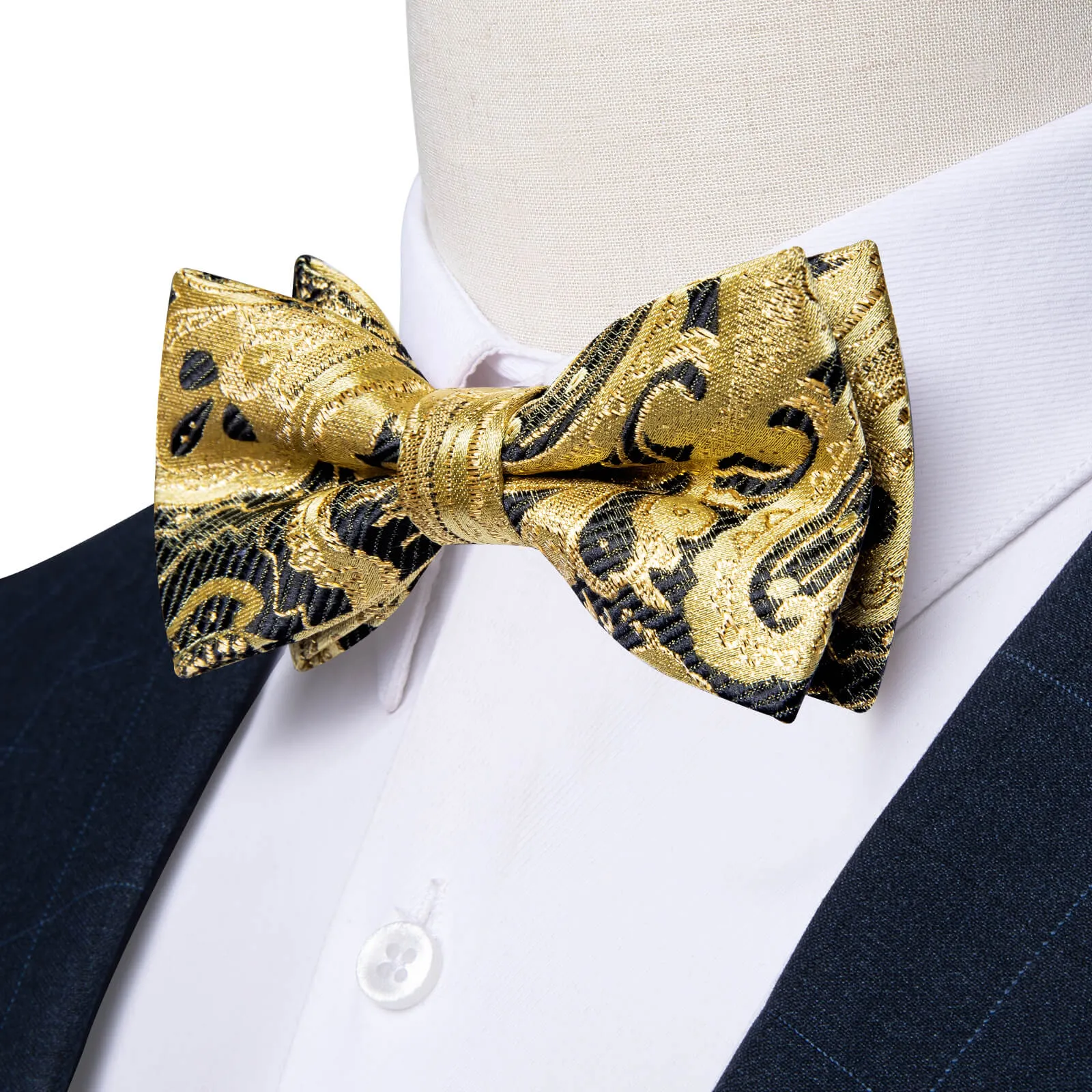 DiBanGu Kids Bow Tie Golden Black Floral Silk Pre-Bow Tie Hanky Set