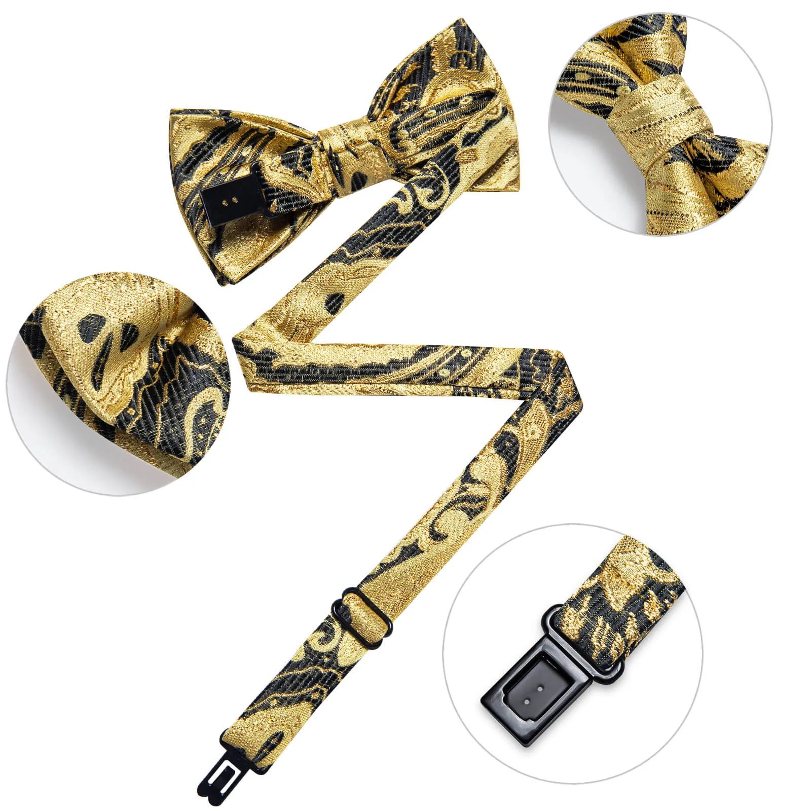 DiBanGu Kids Bow Tie Golden Black Floral Silk Pre-Bow Tie Hanky Set