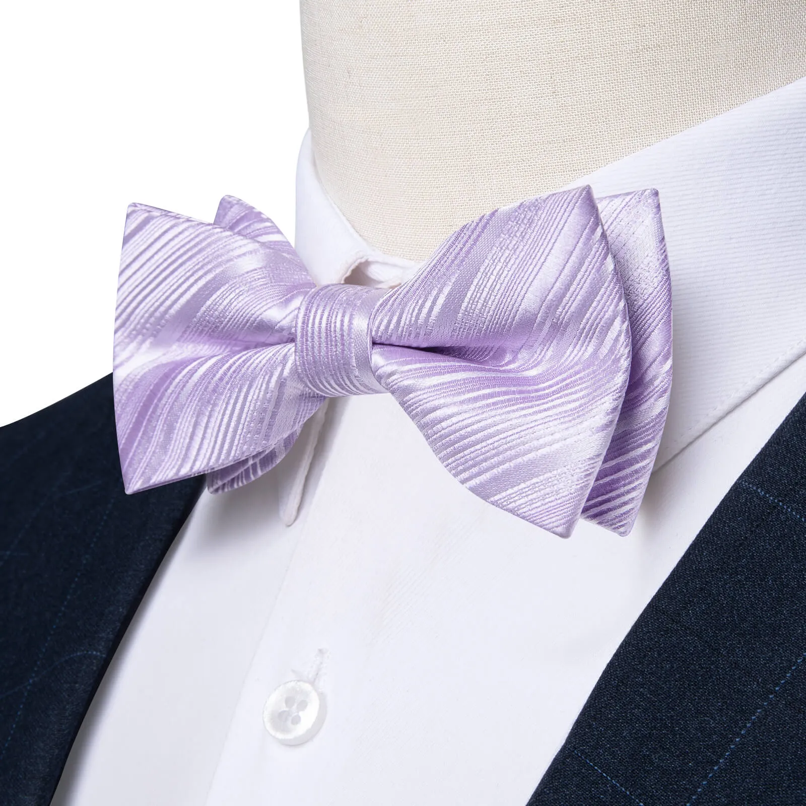 DiBanGu Kids Bow Tie Lavender Purple Striped Silk Pre-Bow Tie Hanky Set