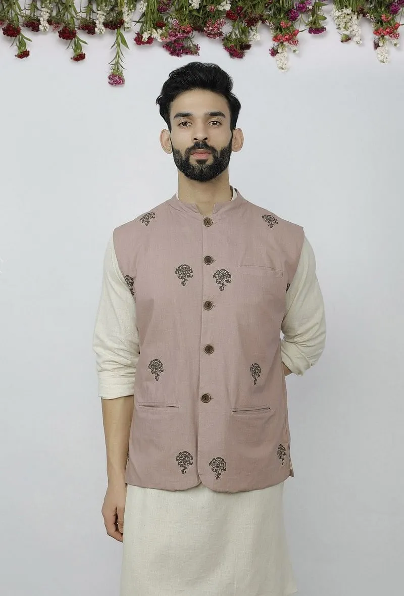 Dusky Brown Cotton Block Print Nehru Jacket