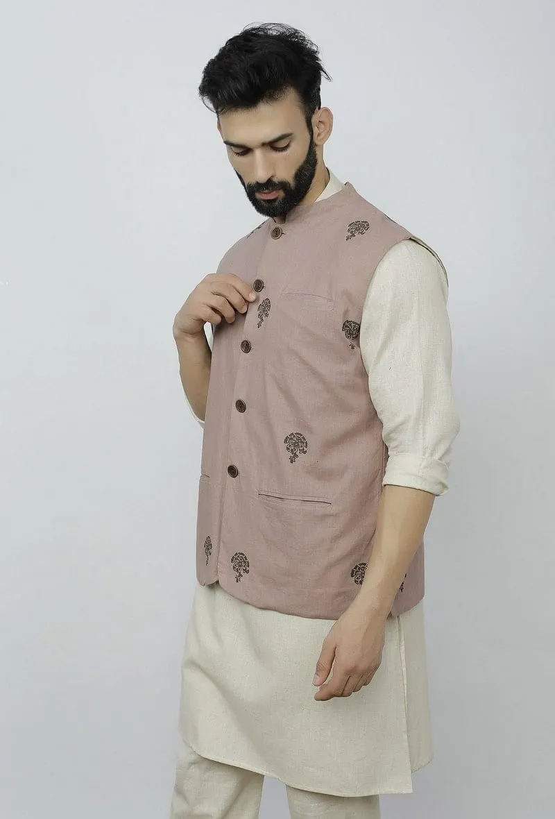 Dusky Brown Cotton Block Print Nehru Jacket