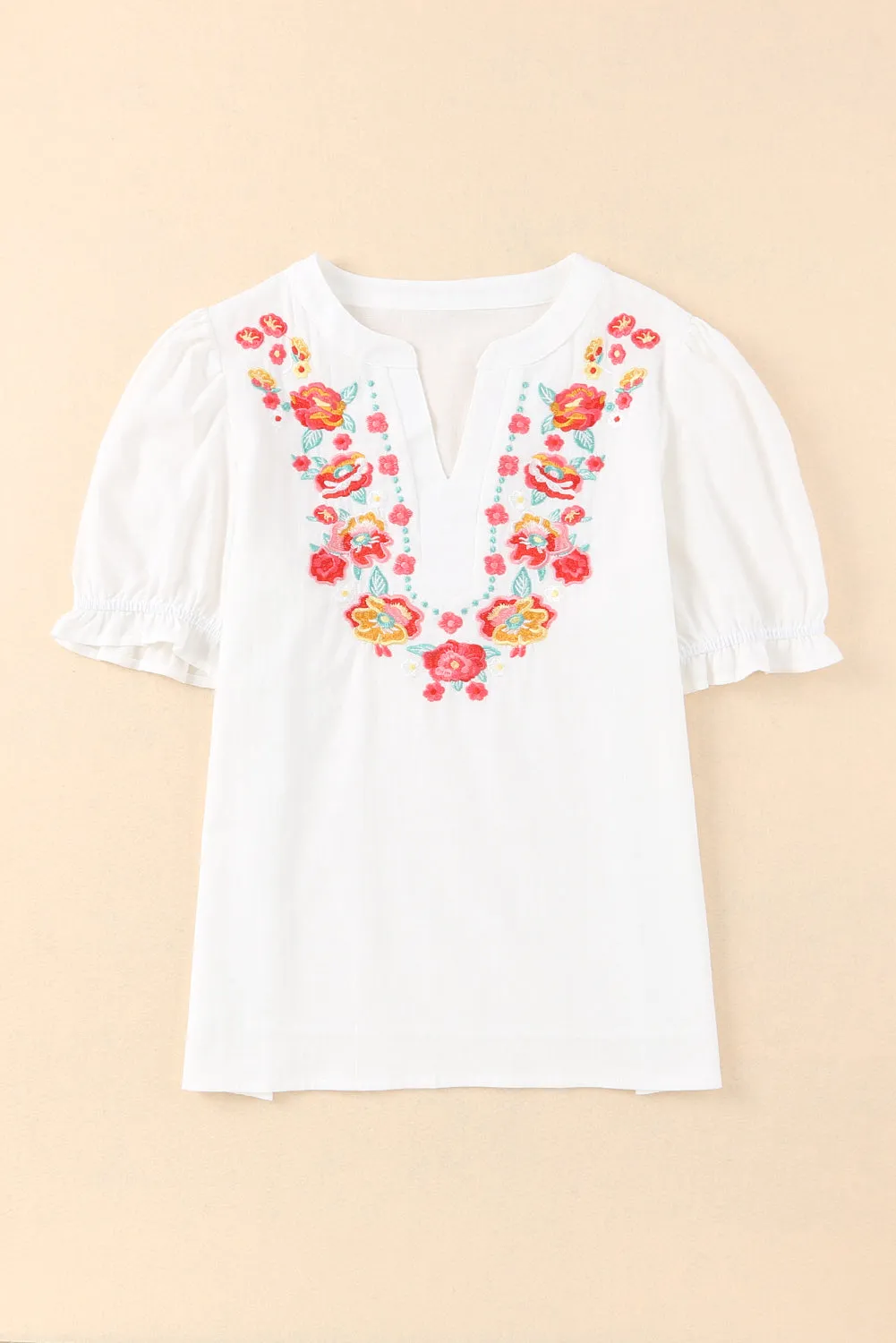 Embroidered Notched Neck Flounce Sleeve Top