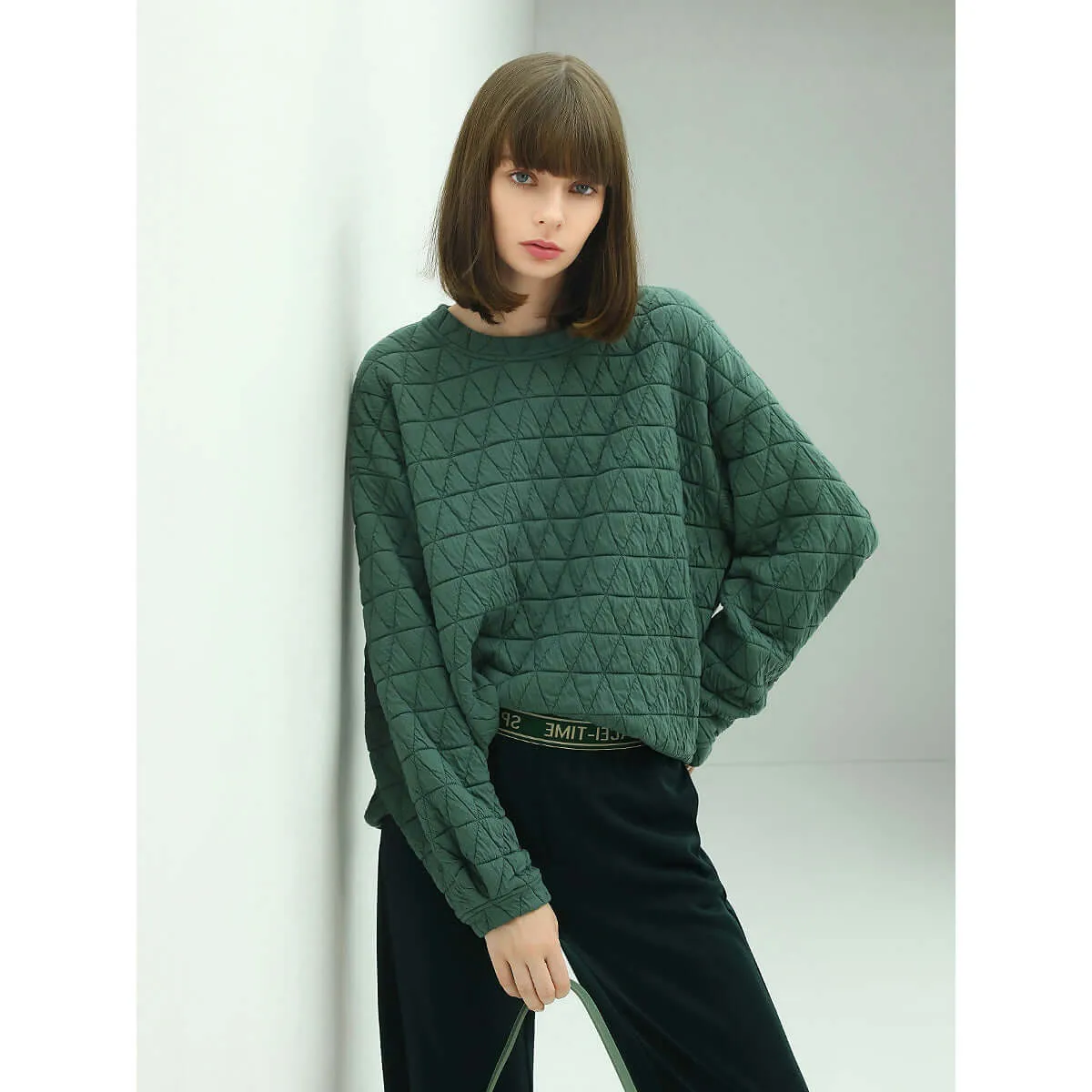 Festive Geometric Quilted Green Pullover Sweater