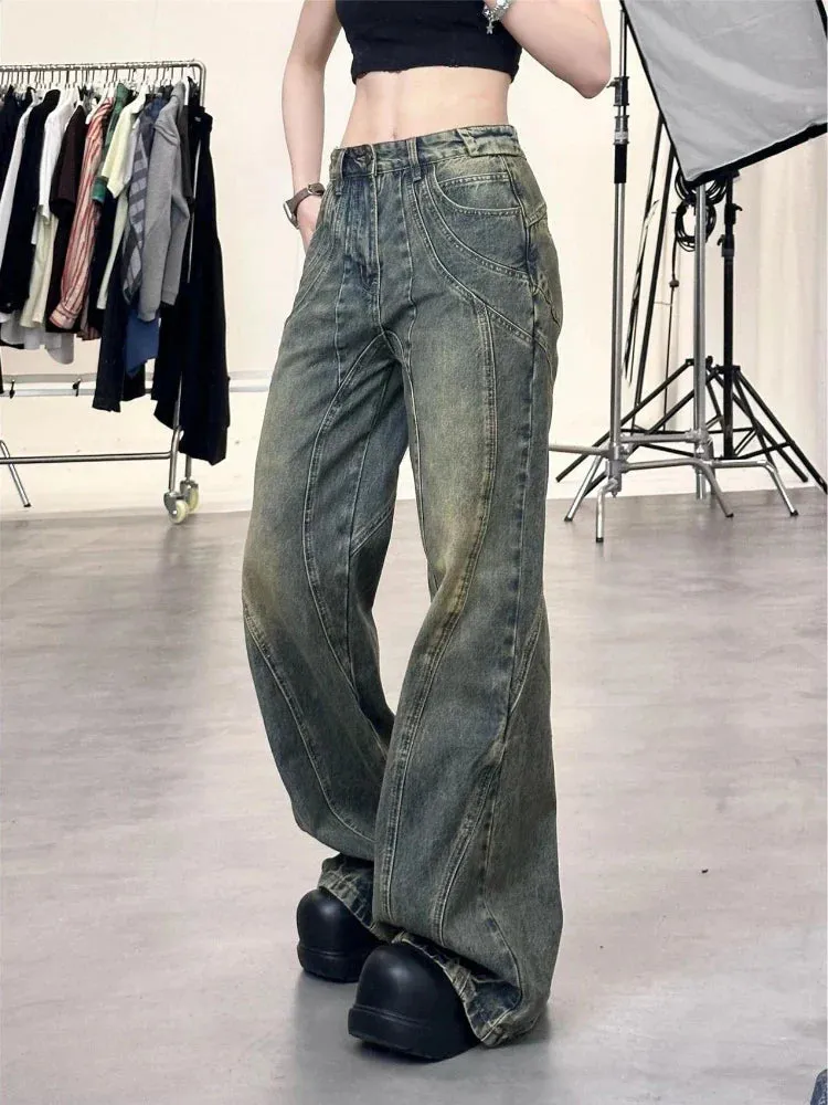 Flare Trousers Women Waist Streetwear Baggy Patchwork Wide Leg Boot Cut Pants