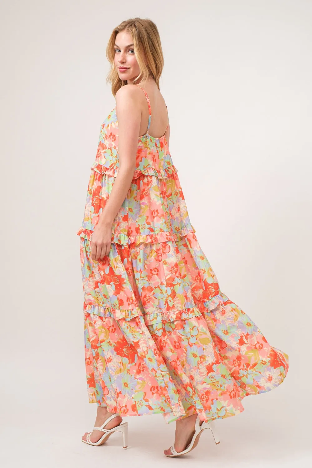 Floral Ruffled Tiered Maxi Adjustable Strap Cami Dress