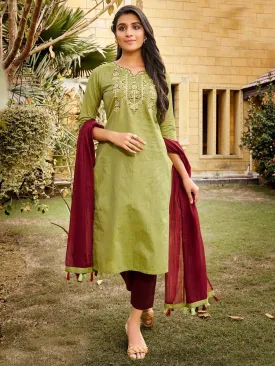 Green Cotton Embroidered Fully Stitched Suit Set