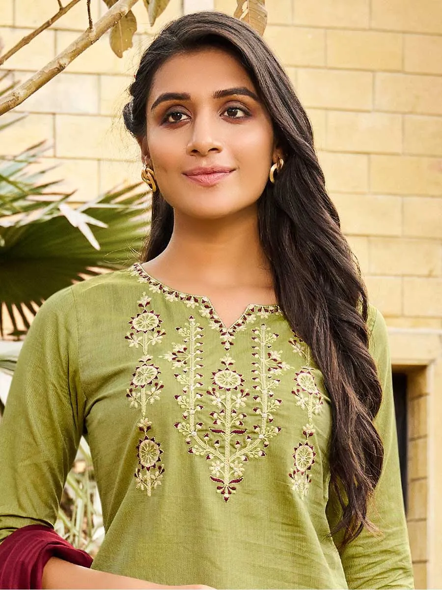 Green Cotton Embroidered Fully Stitched Suit Set