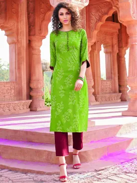 Green Rayon Cotton Kurta with Pants