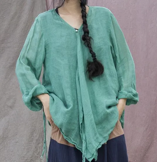 Green Women Summer Linen Tops Asymmetric Cardigan Long Sleeves Loose Style H9508