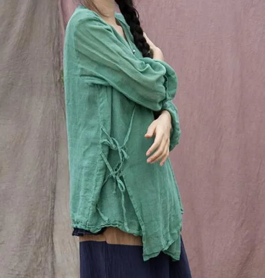 Green Women Summer Linen Tops Asymmetric Cardigan Long Sleeves Loose Style H9508