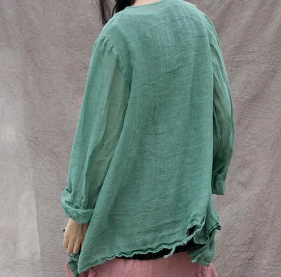 Green Women Summer Linen Tops Asymmetric Cardigan Long Sleeves Loose Style H9508