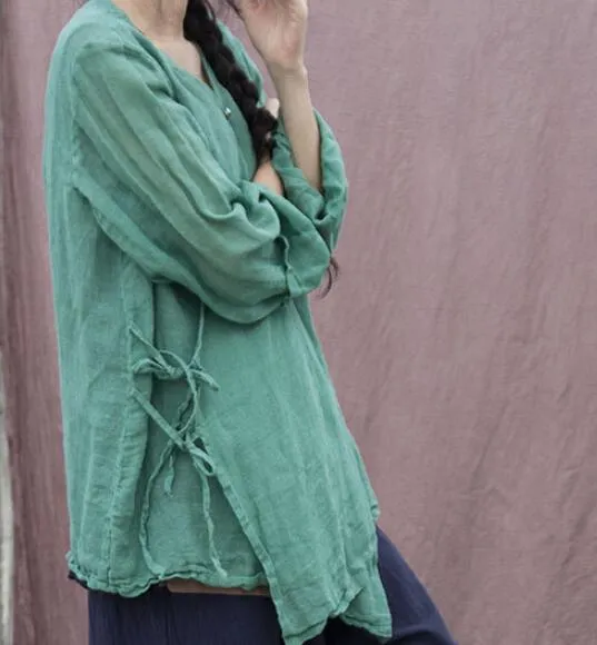 Green Women Summer Linen Tops Asymmetric Cardigan Long Sleeves Loose Style H9508