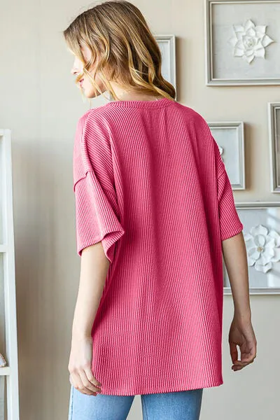 Heimish Ribbed Half Button Drop Shoulder Top