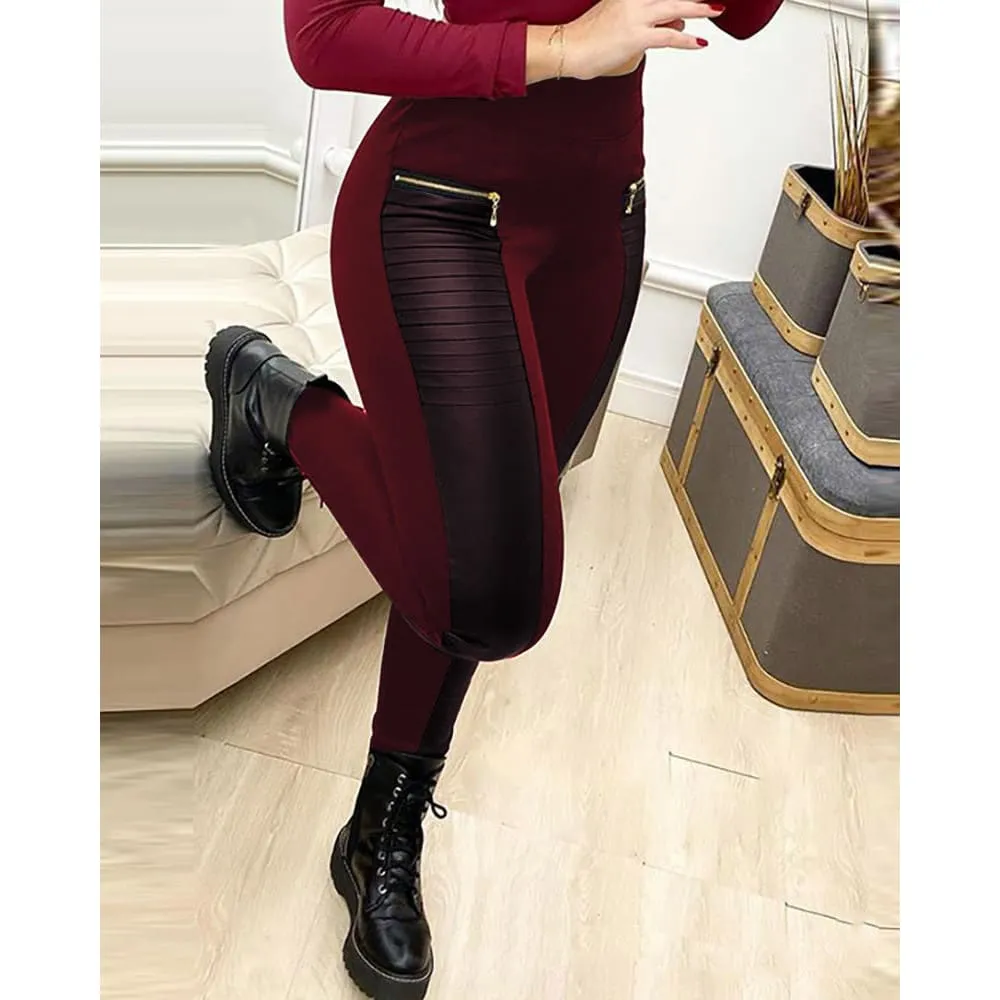 High Waist Zip Pocket Pleated PU Leather Stretch Leggings