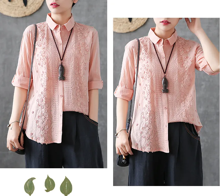 Hollow out Embroidery Length Sleeve Summer Women Casual Blouse Cotton Shirts Tops DZA2006131