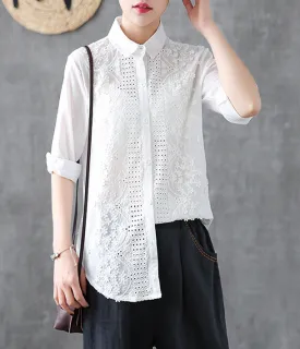 Hollow out Embroidery Length Sleeve Summer Women Casual Blouse Cotton Shirts Tops DZA2006131