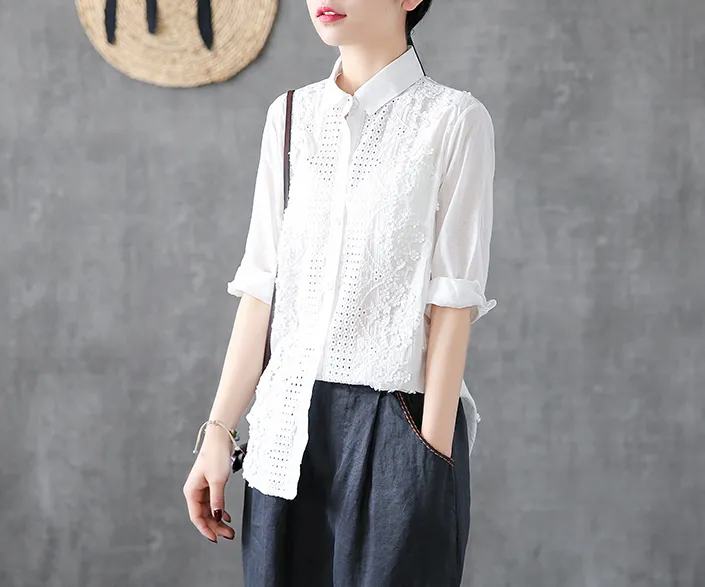 Hollow out Embroidery Length Sleeve Summer Women Casual Blouse Cotton Shirts Tops DZA2006131