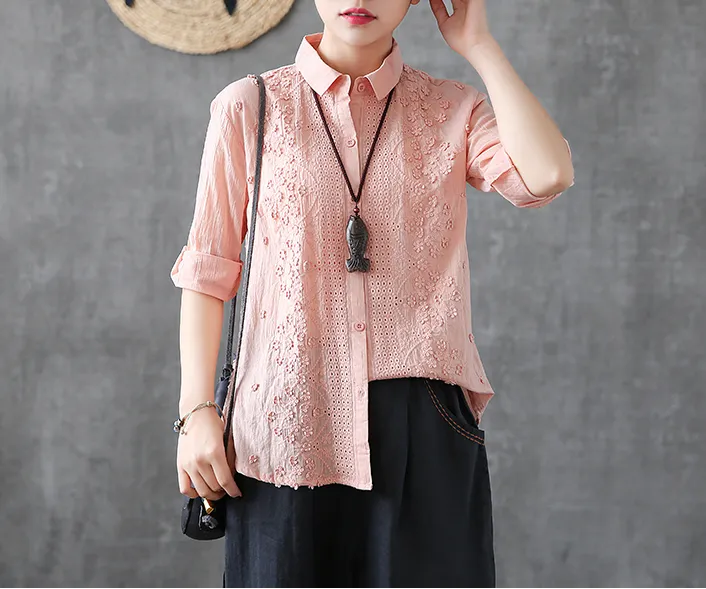 Hollow out Embroidery Length Sleeve Summer Women Casual Blouse Cotton Shirts Tops DZA2006131