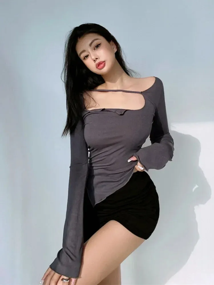 Irregular Thin Design Slim Fit Long Sleeve T-shirt