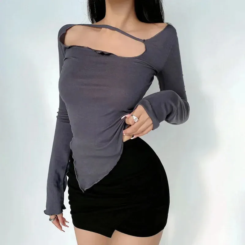 Irregular Thin Design Slim Fit Long Sleeve T-shirt