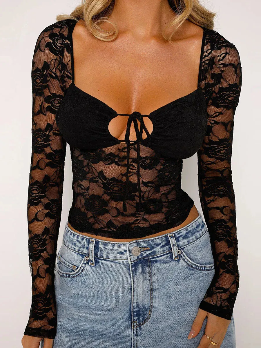 Lace Long Sleeve Cut Out Tie-Up V Neck Slim Fitted Shirt Blouse Crop Sheer Top