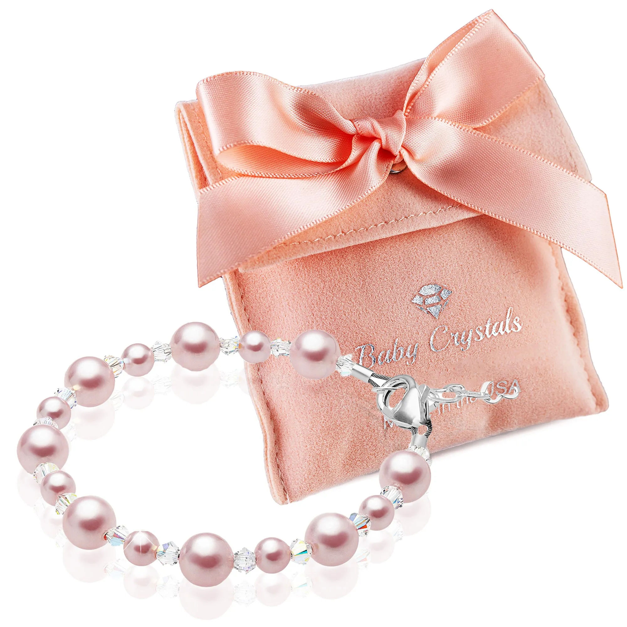 Little Girl Toddler Bracelet with Pink Pearls & Clear Crystals