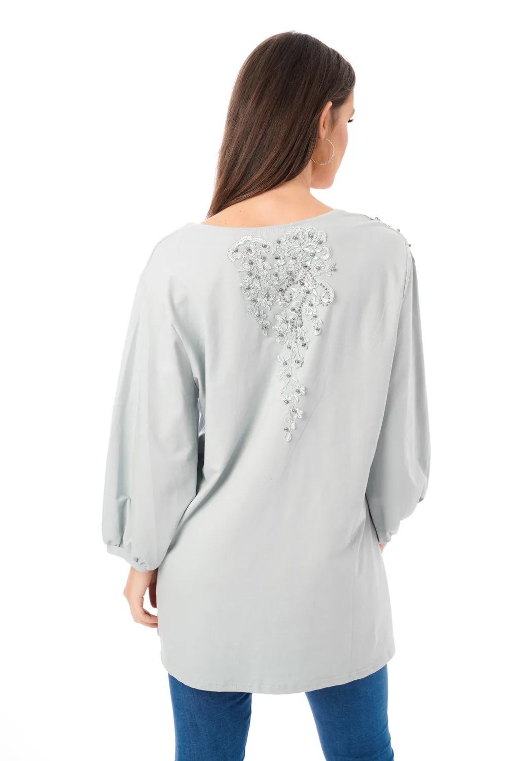 Long Sleeve Tunic Top with Floral Embroidery