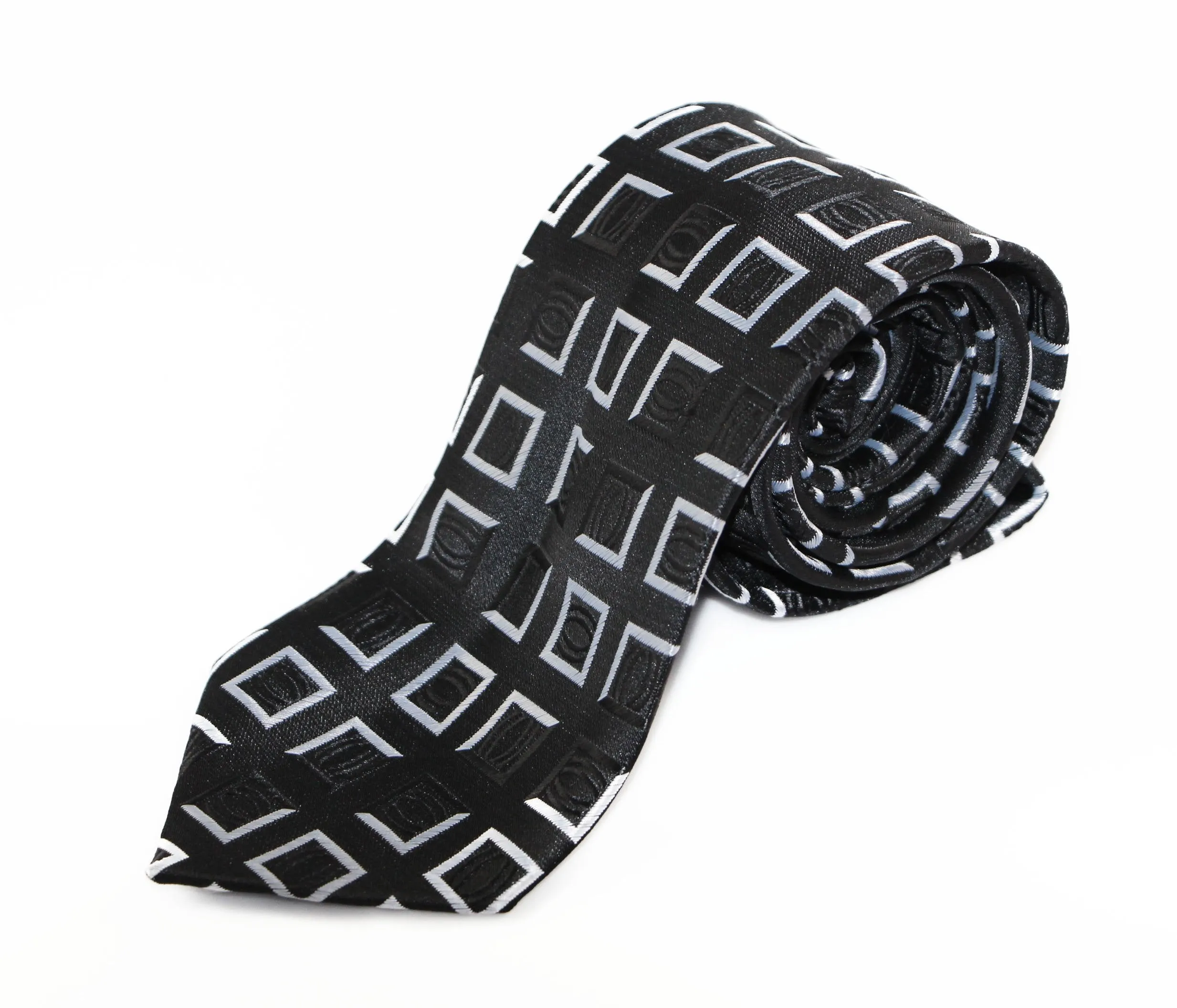 Mens Black & Silver Square Box Patterned 8cm Neck Tie