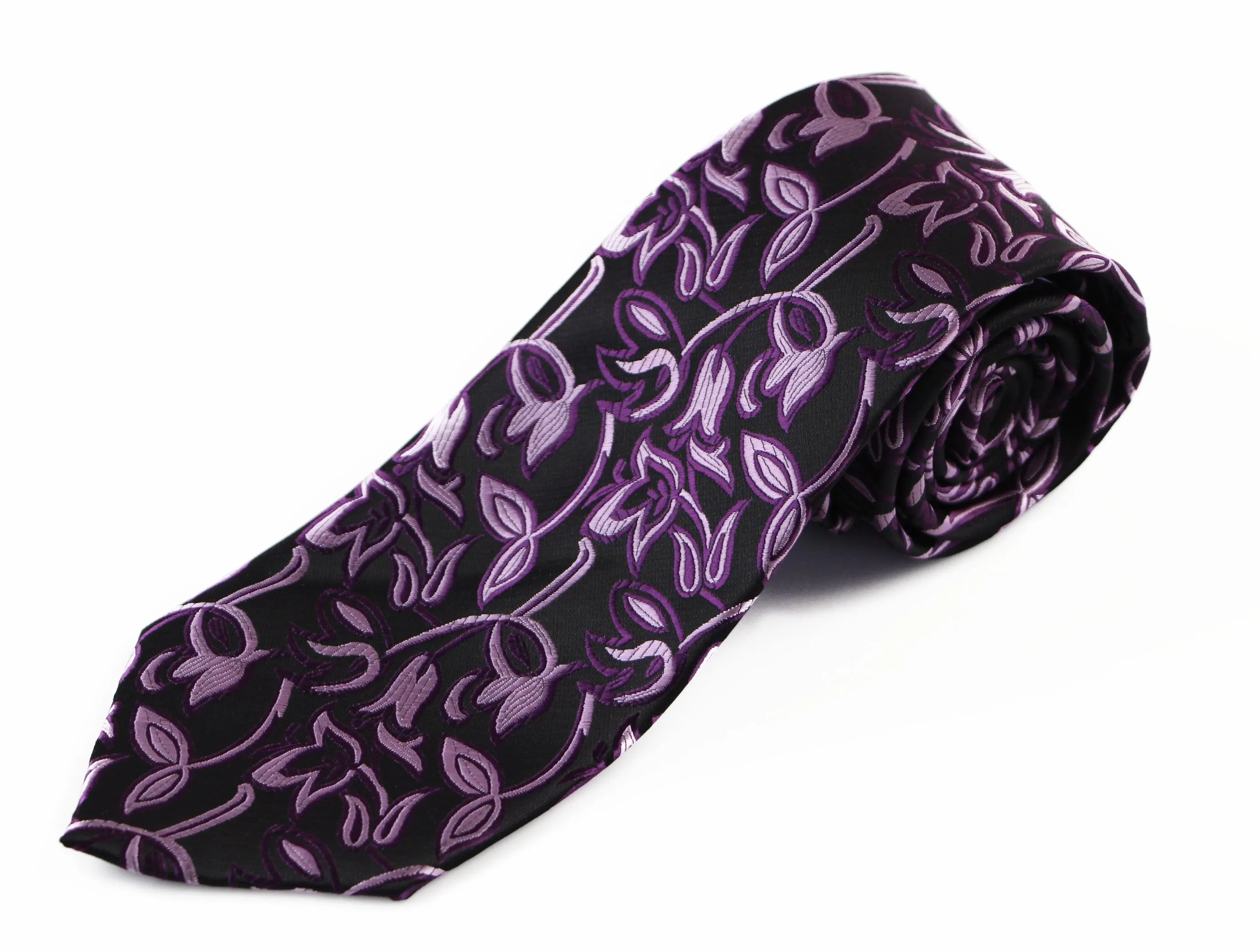 Mens Black With Purple Leaves Patterned 8cm Neck Tie