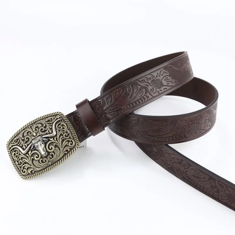 Men's Bronze Bull Pattern Floral Engraved Leather Belt