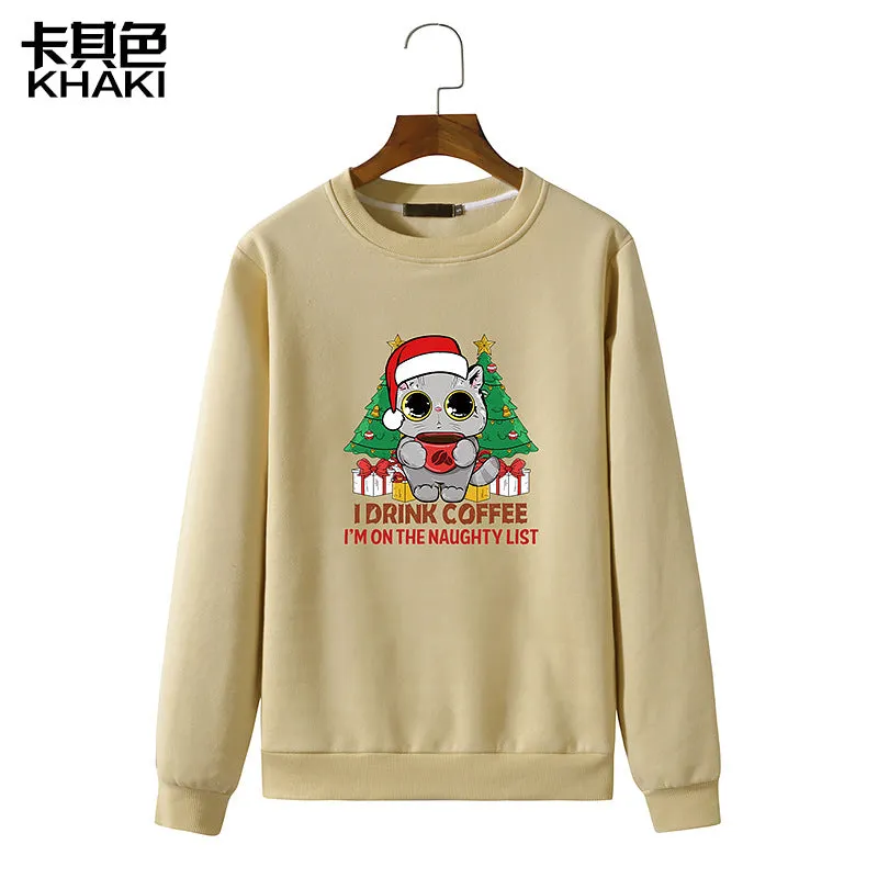 Men's Christmas Cat Print Round Neck Long Sleeve Sweatshirt