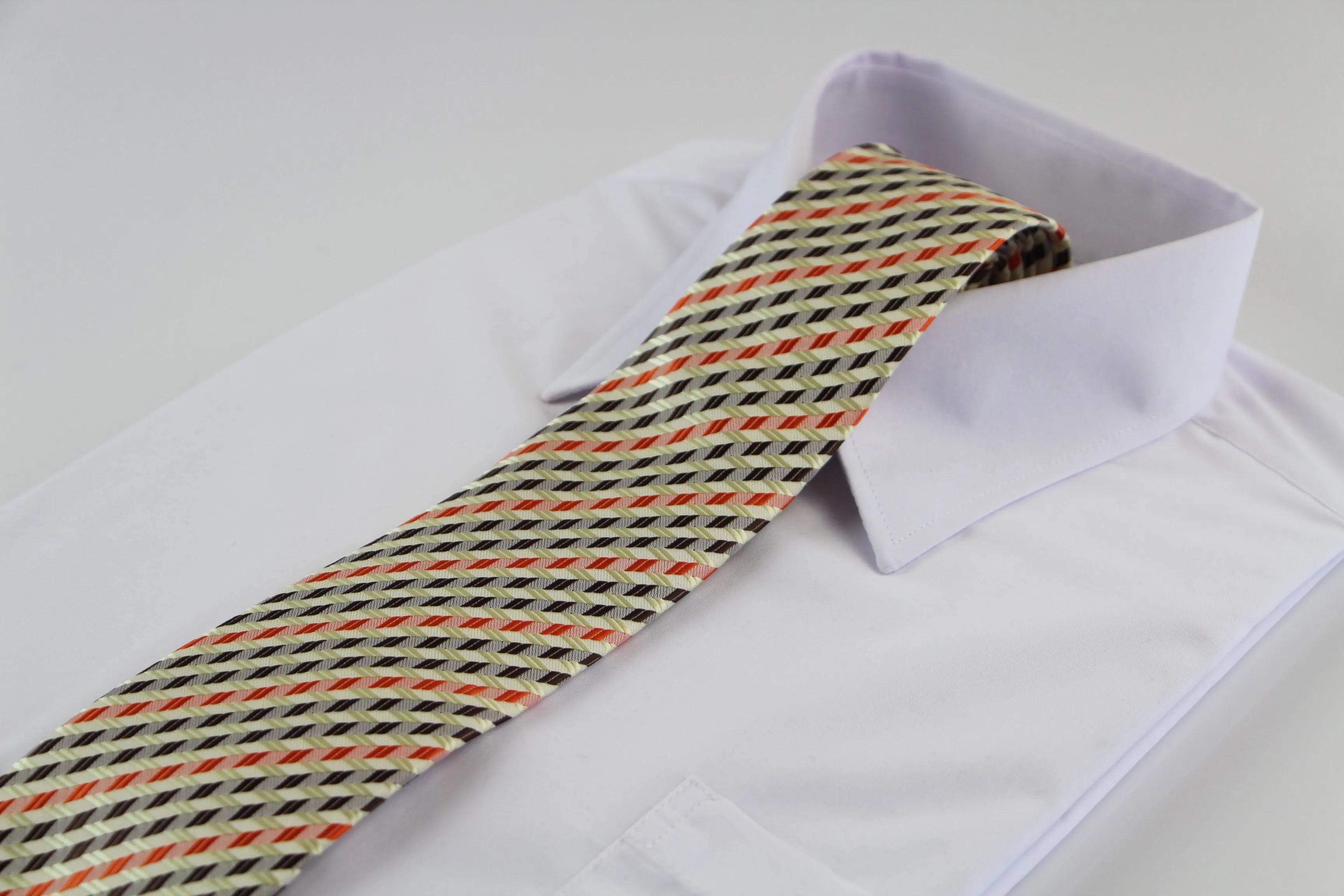 Mens Lime, Brown & Orange Striped Patterned 8cm Neck Tie