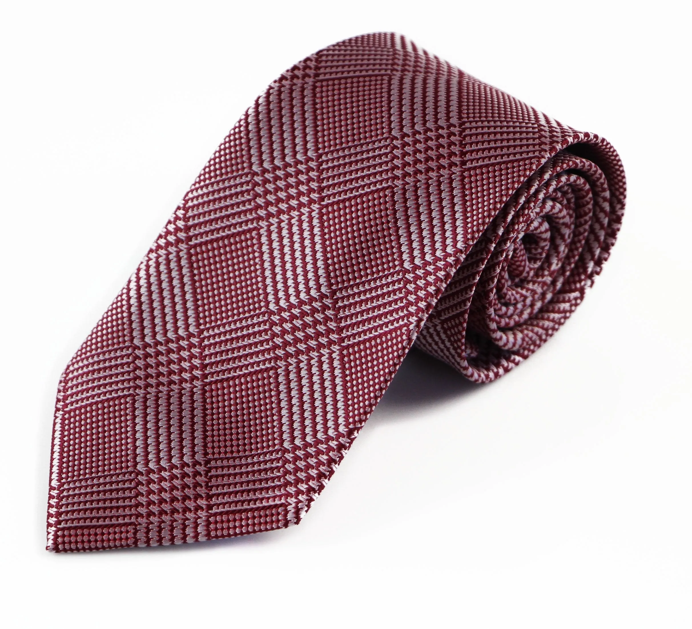 Mens Maroon & Silver Striped Squares Patterned 8cm Neck Tie