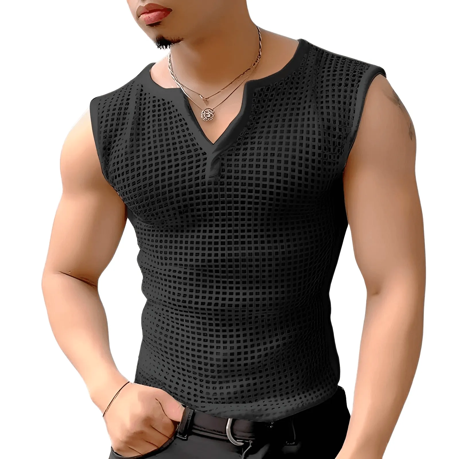 Men's Mesh Hollow Out Solid V Neck Tank Top