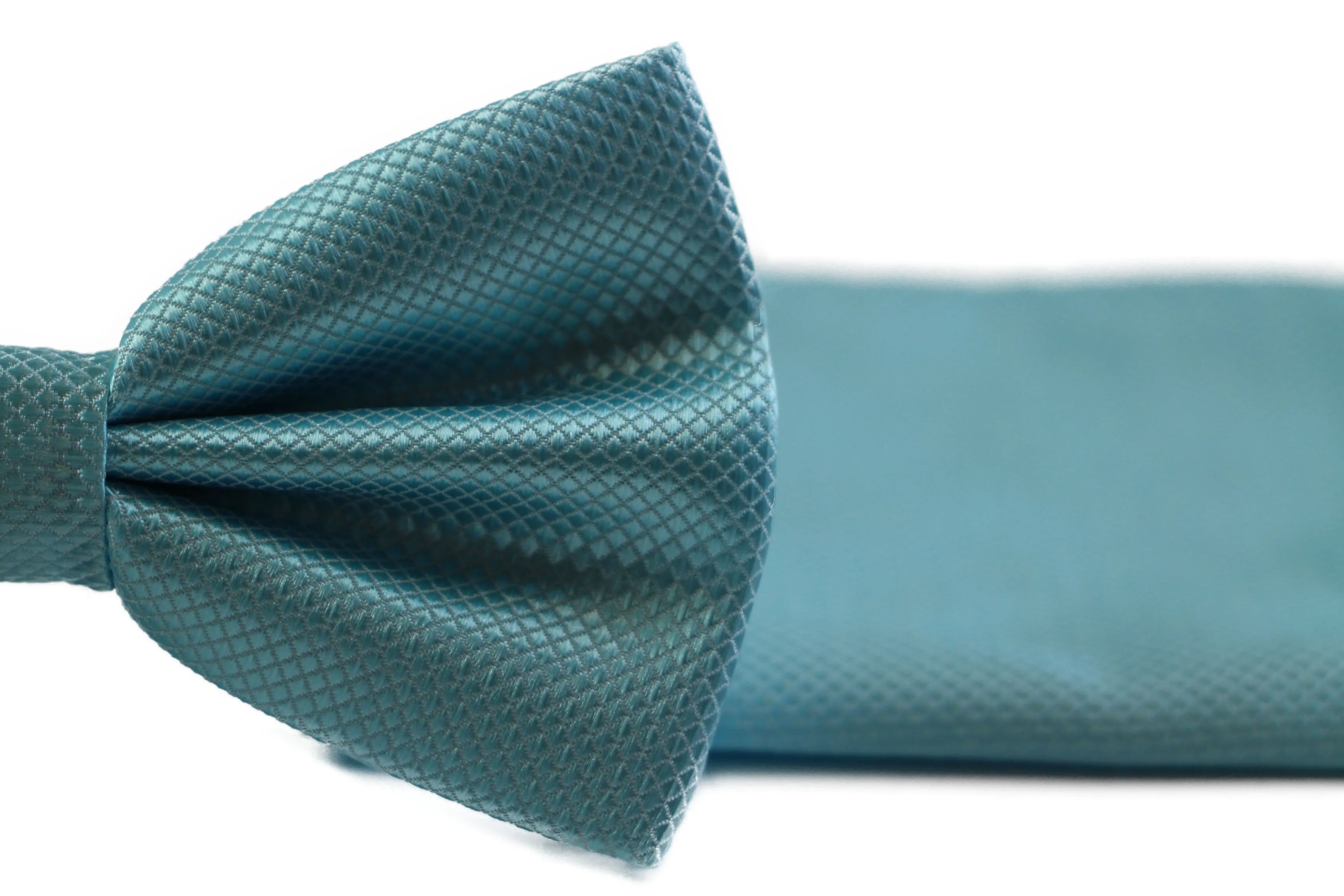 Mens Sky Blue Plain Coloured Checkered Bow Tie & Matching Pocket Square Set