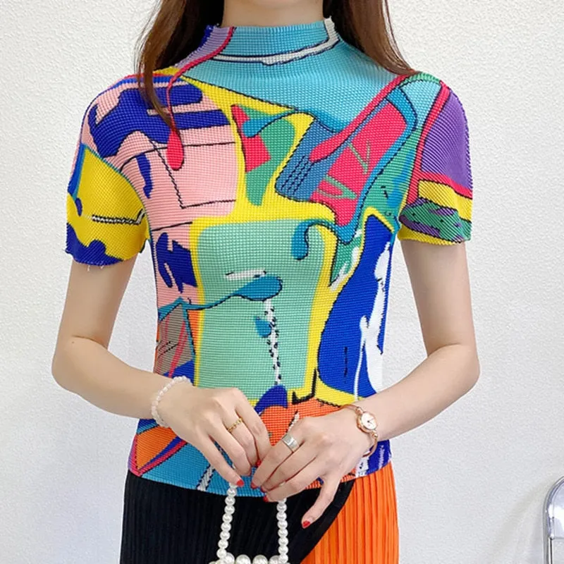 Miyake Pleated Abstract Print Short Sleeve Top