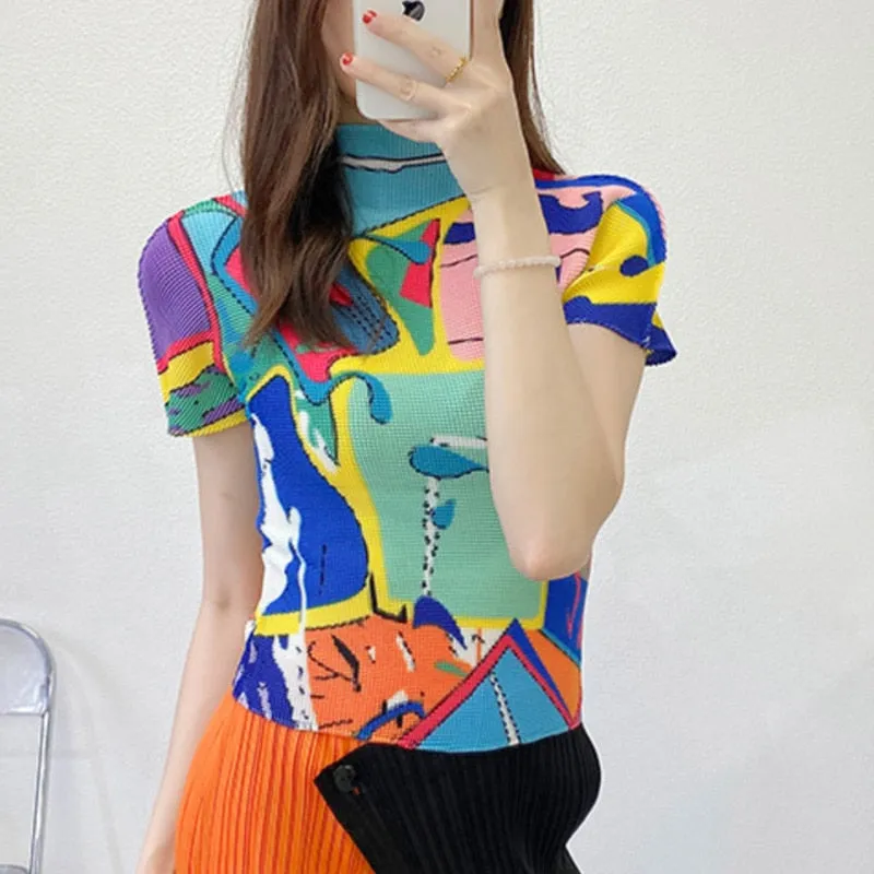 Miyake Pleated Abstract Print Short Sleeve Top