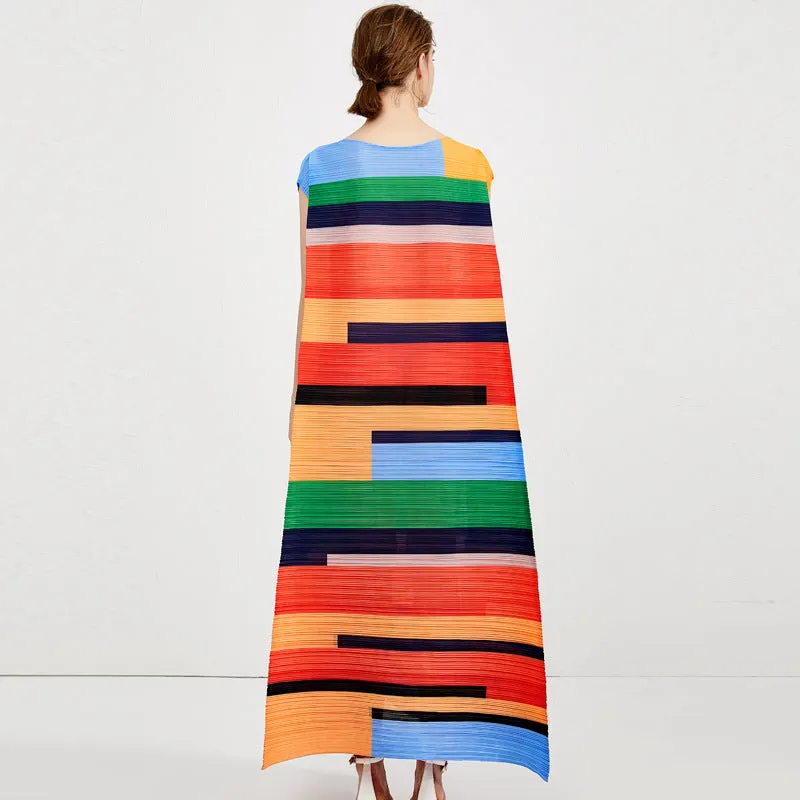 Miyake Pleated Contrast Striped Maxi Dress