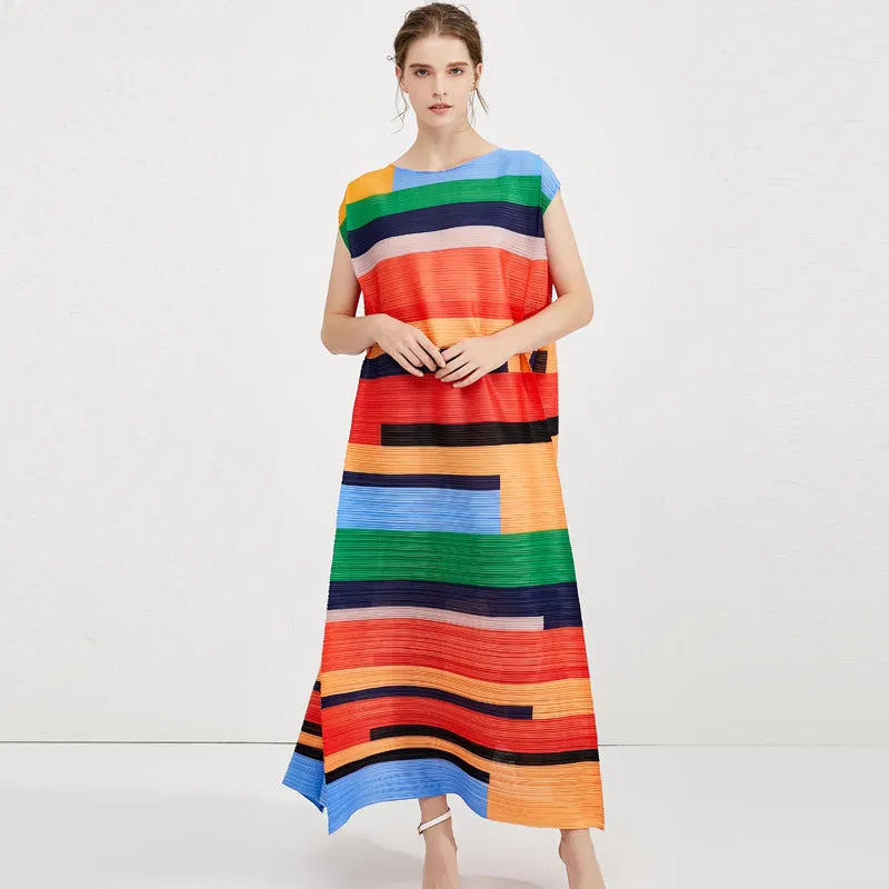 Miyake Pleated Contrast Striped Maxi Dress