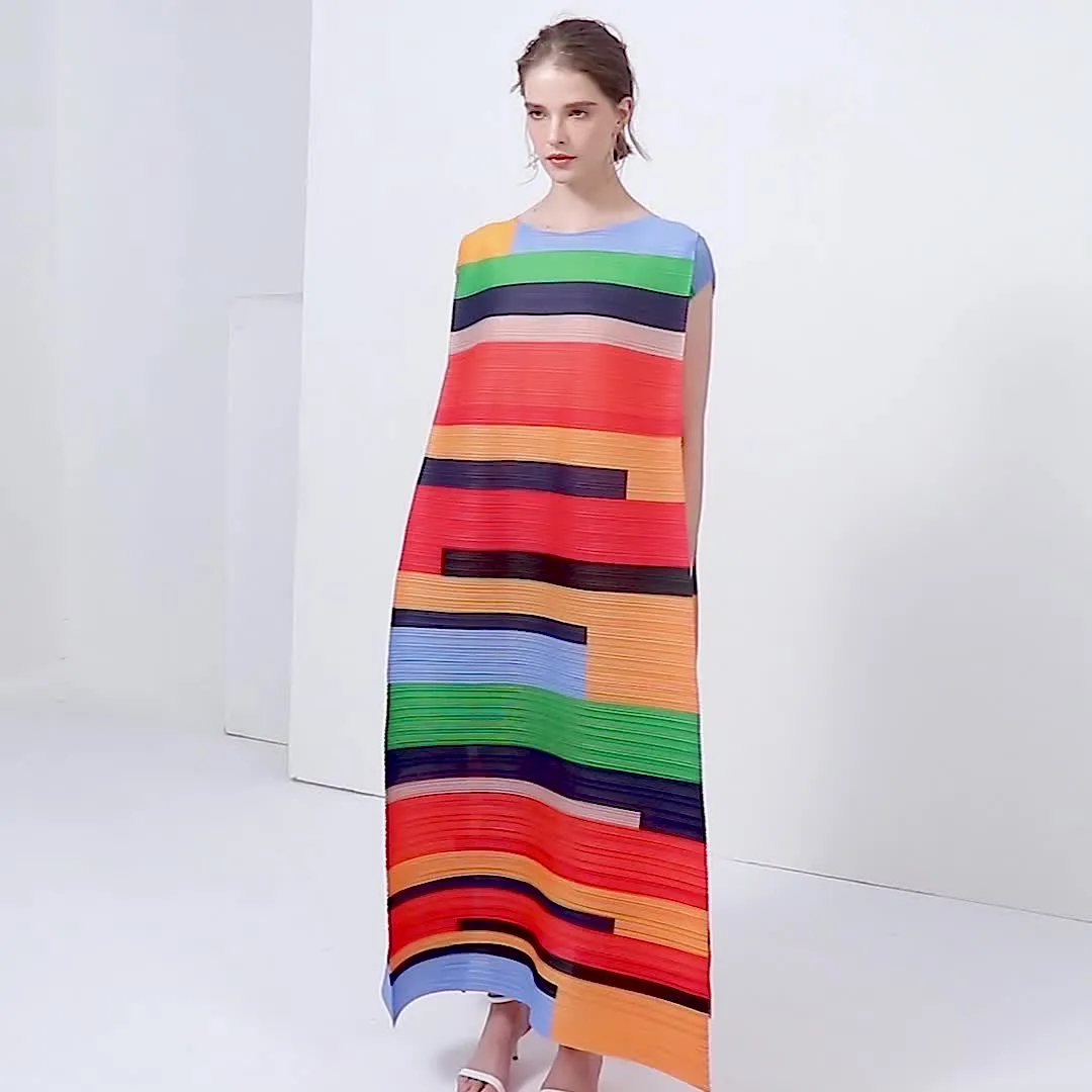 Miyake Pleated Contrast Striped Maxi Dress