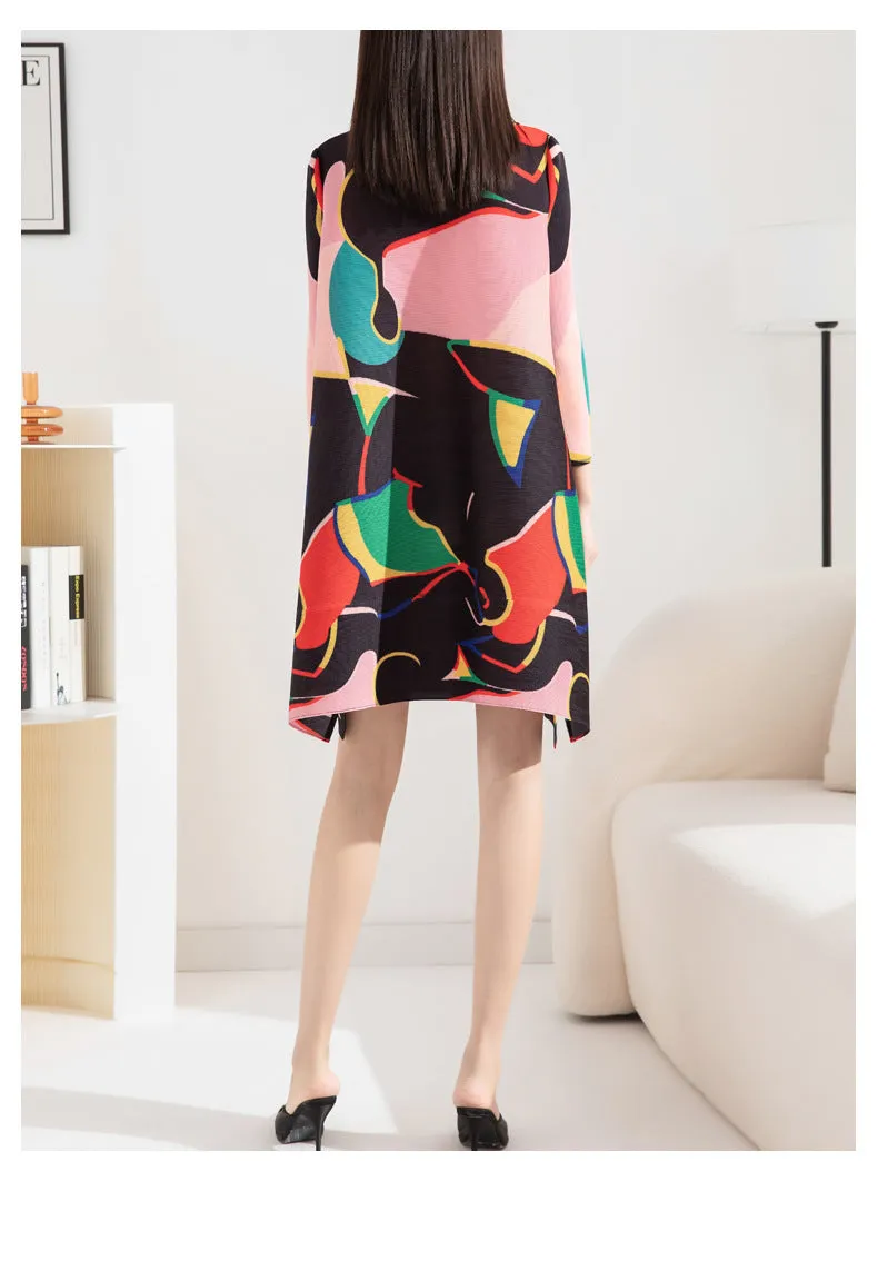 Miyake Pleated Printed Turn-down Collar Mini Dress